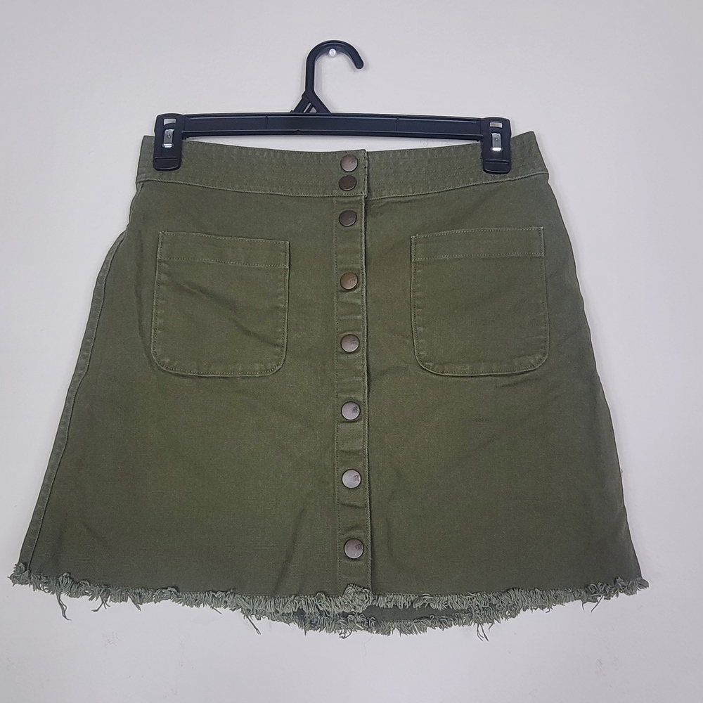 Madewell Button-Front Mini Skirt Sz 8 Kale Olive Raw Hem Cargo Utility A-line